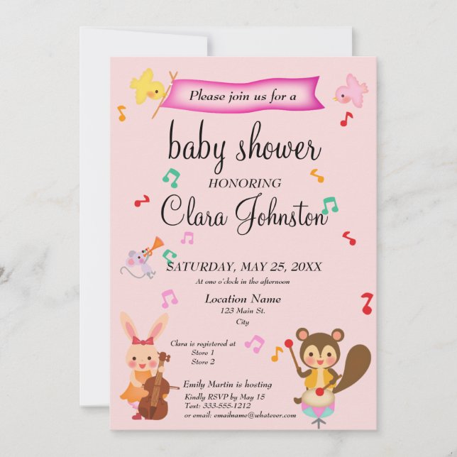 Gender Neutral Musical Animals Pink Baby Shower Invitation (Front)