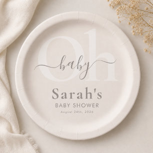 Gender Neutral Oh Baby Shower Decoration Beige Paper Plate