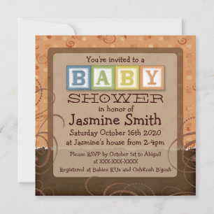 Gender neutral orange baby blocks shower invites