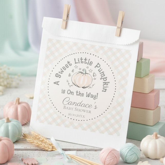 Gender Neutral Orange Little Pumpkin Baby Shower Favour Bags (Fall Baby Shower Gender Neutral Little Pumpkin is on the Way Favor Bags. Pumpkin & Gingham Pattern)