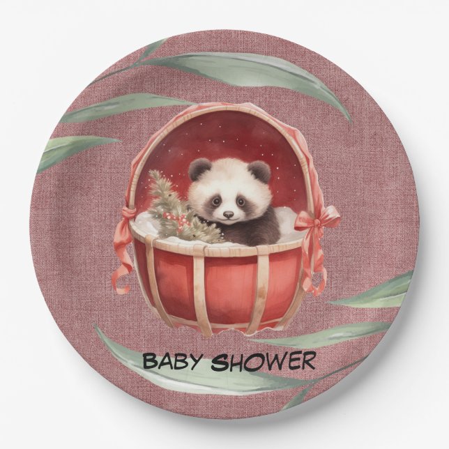 Gender Neutral Panda Bear Red Baby Shower Paper Plate (Front)