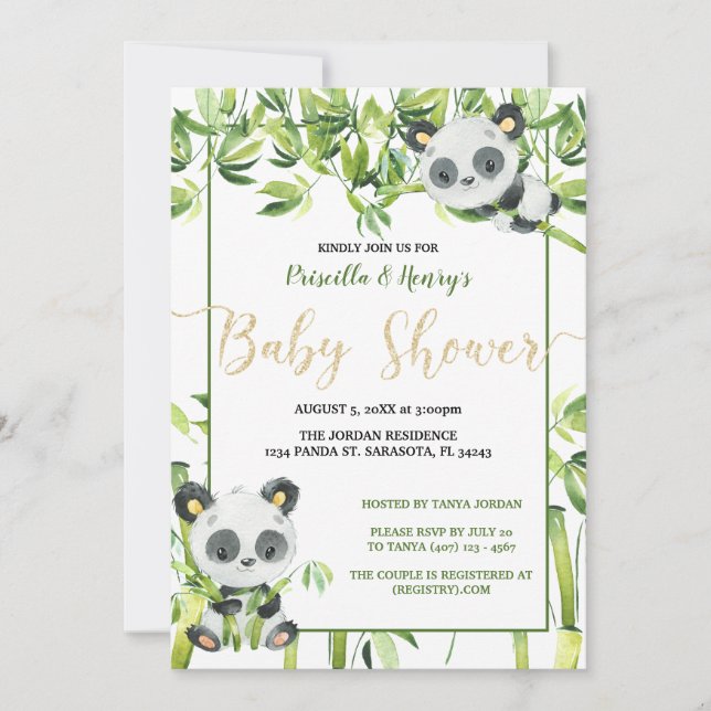 Gender Neutral Panda Green Bamboo Baby Shower Invitation (Front)