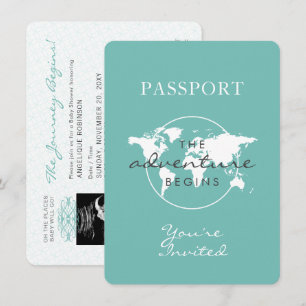 Gender Neutral Passport Travel Theme Teal Baby Invitation