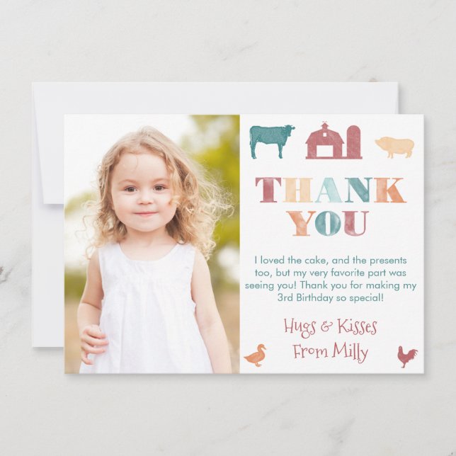 Gender Neutral Petting Zoo Birthday Party Picture Thank You Card (Front)