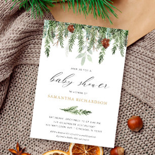 Gender neutral pine tree winter baby shower invitation