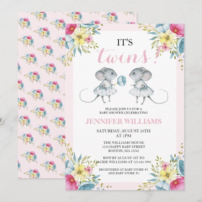 Gender Neutral Pink Girl & Girl Twins Baby Shower Invitation (Front/Back)