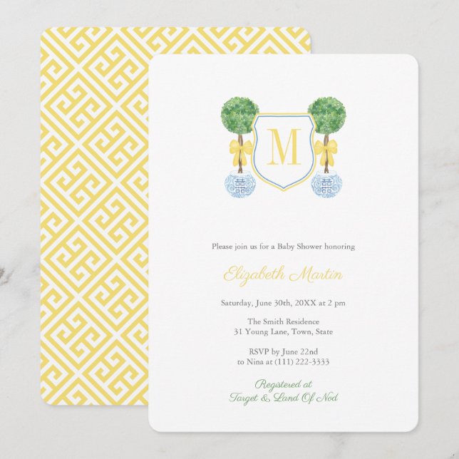 Gender Neutral Preppy Monogram Baby Shower Party Invitation (Front/Back)