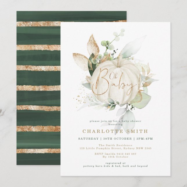 Gender Neutral Pumpkin Greenery Gold Baby Shower Invitation (Front/Back)