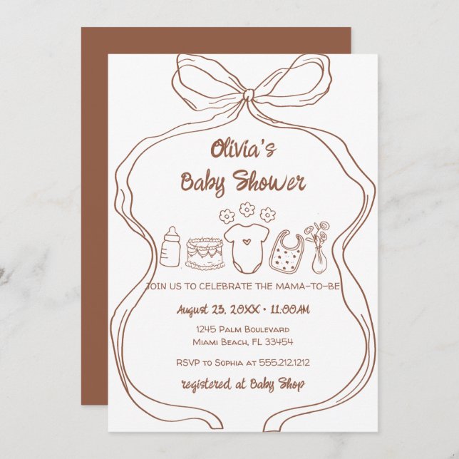 gender Neutral Quirky  Hand Drawn  Bow Baby Shower Invitation (Front/Back)