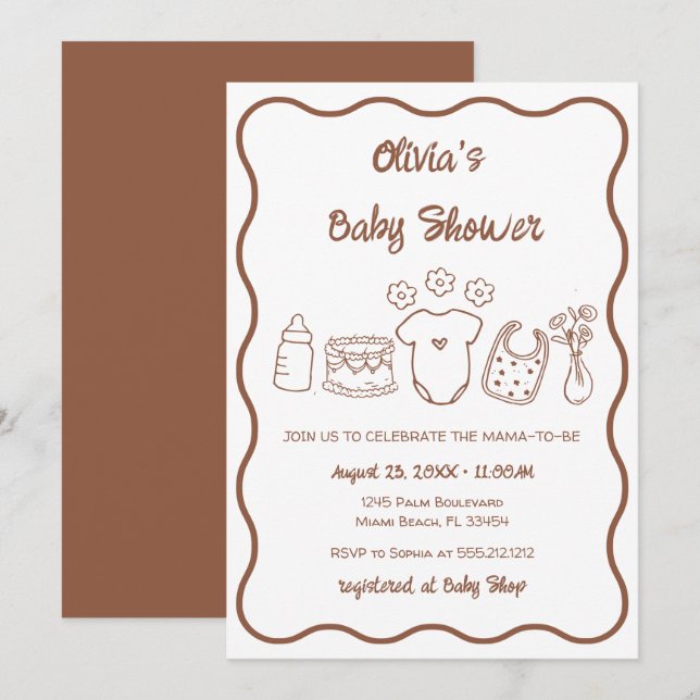 gender Neutral Quirky Wavy Hand Drawn  Baby Shower Invitation (Front/Back)