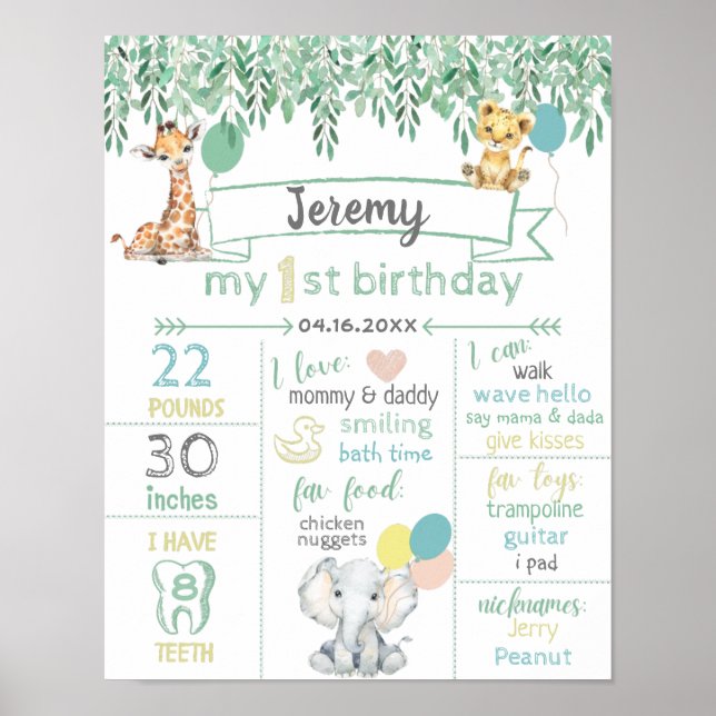 Gender Neutral Safari 1st Birthday Baby Facts Sign (Front)