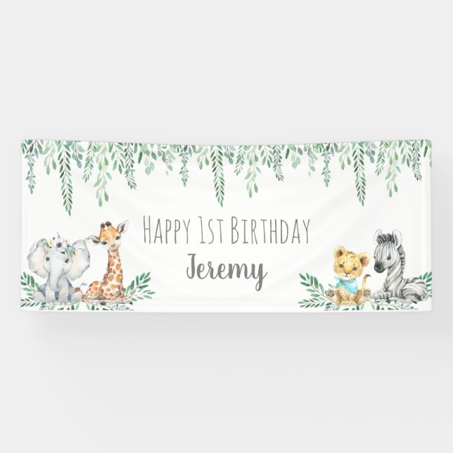 Gender Neutral Safari Animal Jungle First Birthday Banner (Horizontal)