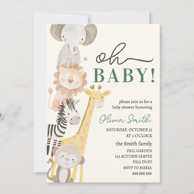 Gender Neutral Safari Animals baby shower Invitation (Front)