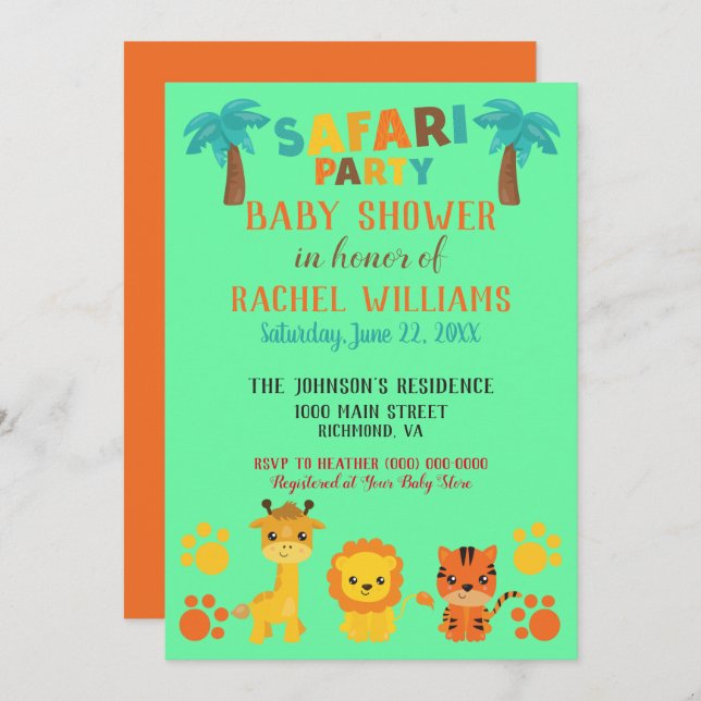 Gender Neutral Safari Baby Shower Invitation (Front/Back)