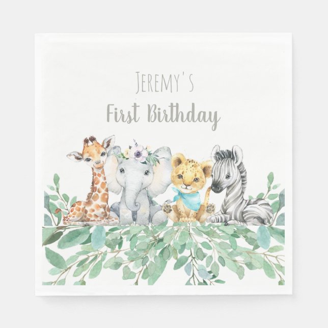 Gender Neutral Safari Theme Birthday Napkins (Front)