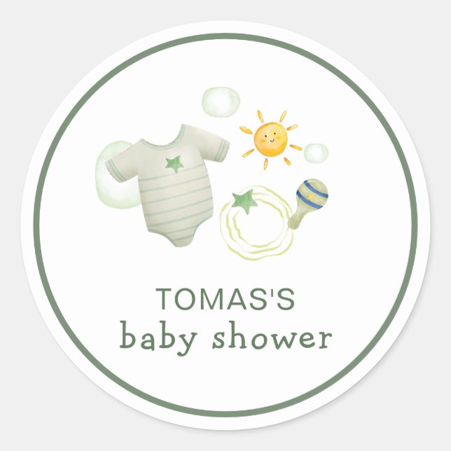 Gender Neutral Sage Green Baby Clothes Toys Shower Classic Round Sticker (Front)