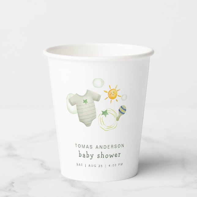 Gender Neutral Sage Green Baby Clothes Toys Shower Paper Cups (Back)