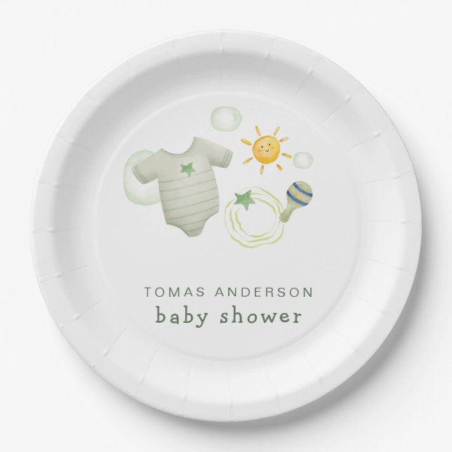 Gender Neutral Sage Green Baby Clothes Toys Shower Paper Plate (Front)