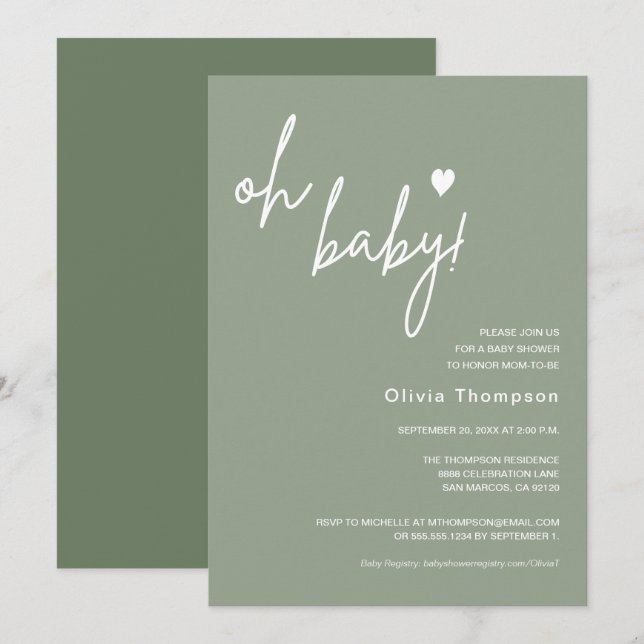 Gender Neutral Sage Green Custom Oh Baby Shower  Invitation (Front/Back)