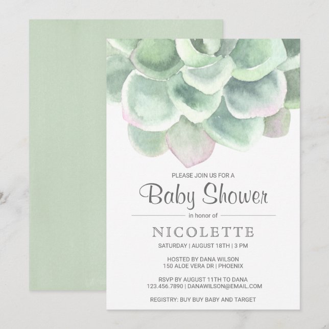 Gender Neutral Sage Green Succulent Baby Shower Invitation (Front/Back)
