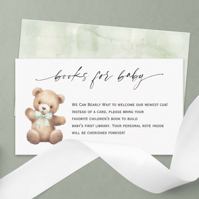 Gender Neutral Shower Teddy Bear Book Request  Enclosure Card (Sage Green We Can Bearly Wait, Teddy Bear Gender Neutral baby Shower Books for Baby.)