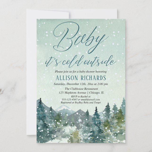 Gender neutral snow mountains rustic baby shower invitation (Front)