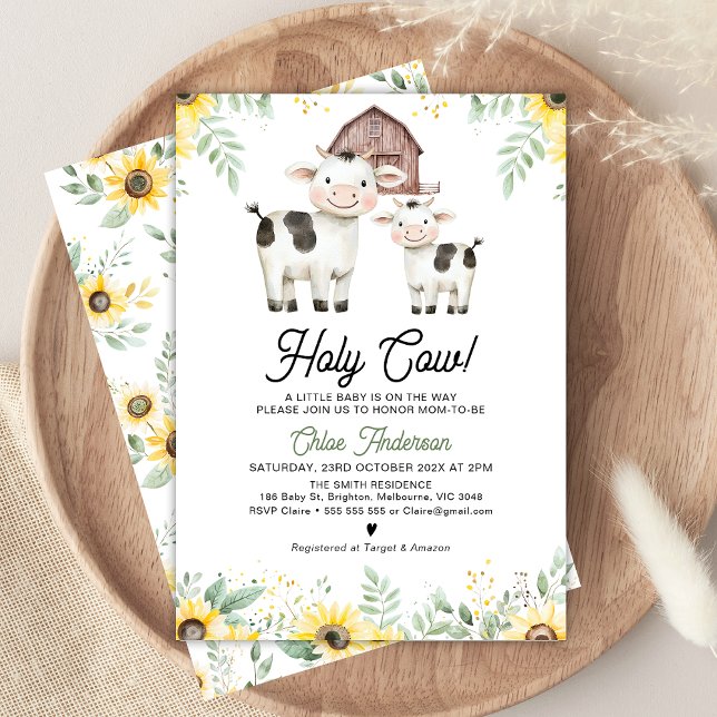 Gender Neutral Sunflowers Holy Cow Baby Shower Invitation (Holy Cow Baby Shower Invitation, Gender Neutral Cow Themed Baby Shower Invitation, Cow and Calf)
