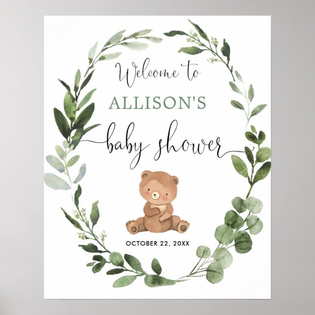 Gender neutral teddy bear baby shower welcome sign (Front)