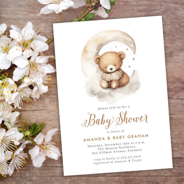 Gender Neutral Teddy Bear Moon Stars Baby Shower Invitation (Creator Uploaded)