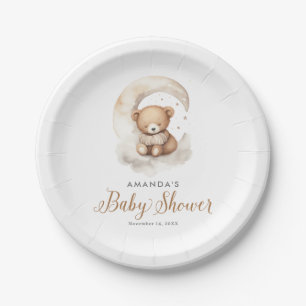 Gender Neutral Teddy Bear Moon Stars Baby Shower Paper Plate
