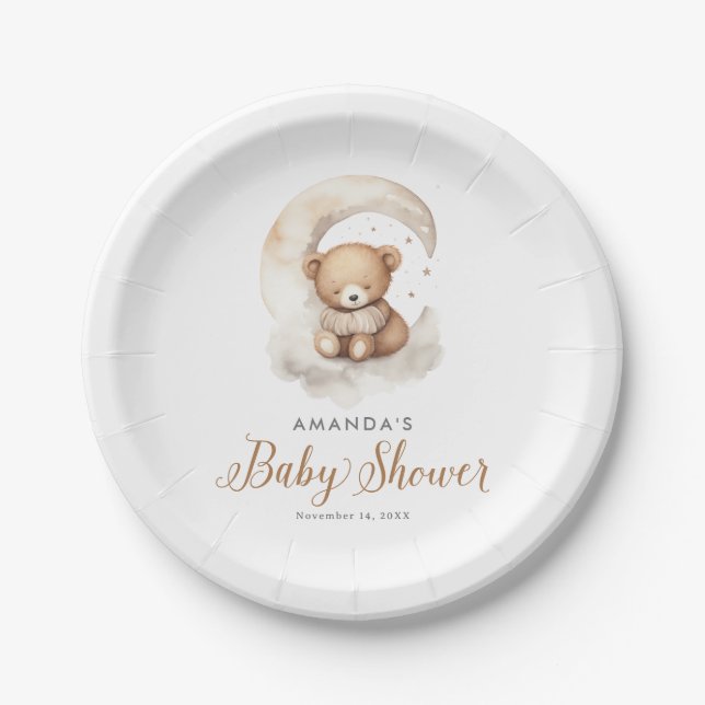 Gender Neutral Teddy Bear Moon Stars Baby Shower Paper Plate (Front)