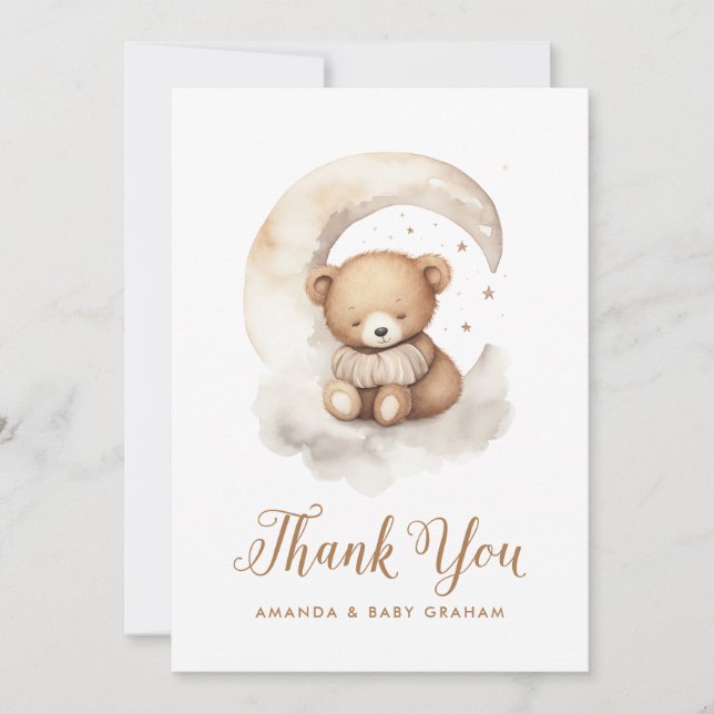 Gender Neutral Teddy Bear Moon Stars Baby Shower Thank You Card (Front)