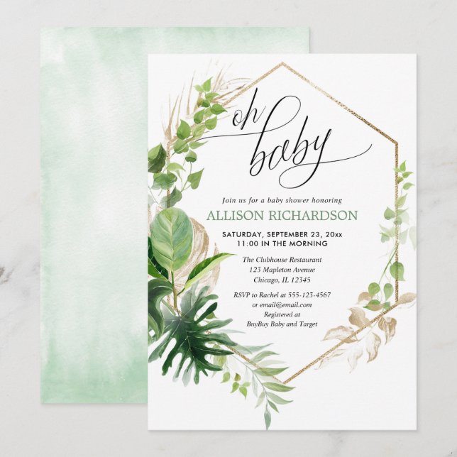 Gender neutral tropical gold greenery baby shower invitation (Front/Back)