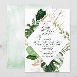 Gender neutral tropical green gold baby sprinkle invitation