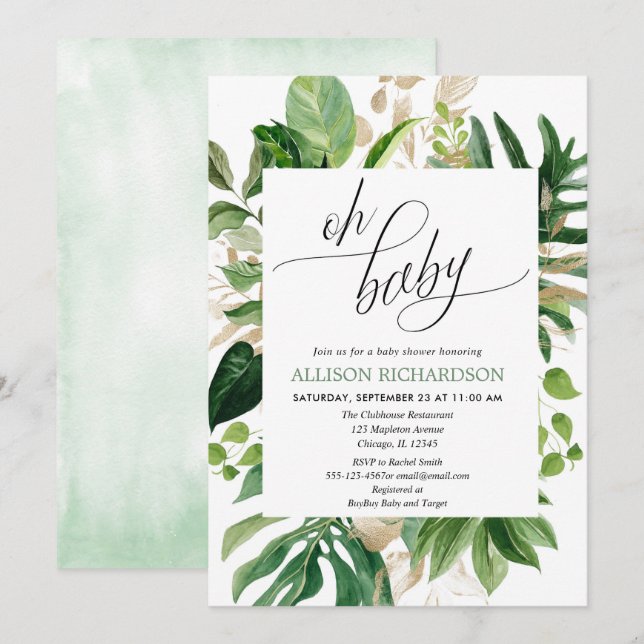 Gender neutral tropical greenery gold baby shower invitation (Front/Back)