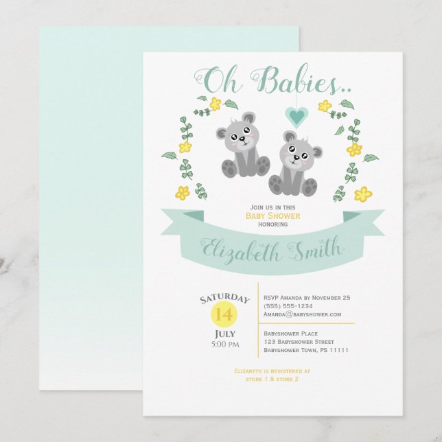Gender neutral Twin Cute bear babyshower Invitation (Front/Back)