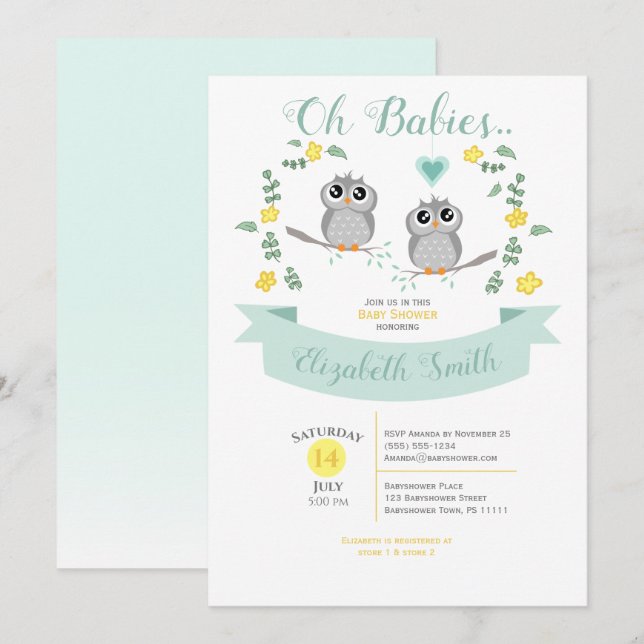Gender neutral Twin Cute owls babyshower Invitation (Front/Back)