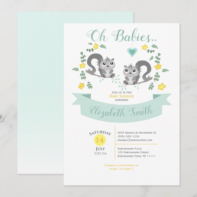Gender neutral Twin Cute squirrels babyshower Invitation (Front/Back)