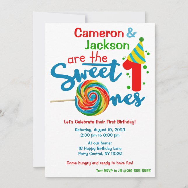 Gender Neutral Twin Sweet 1 Theme Birthday Invit  Invitation (Front)