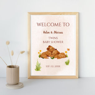 Gender neutral twins baby shower bears welcome  poster