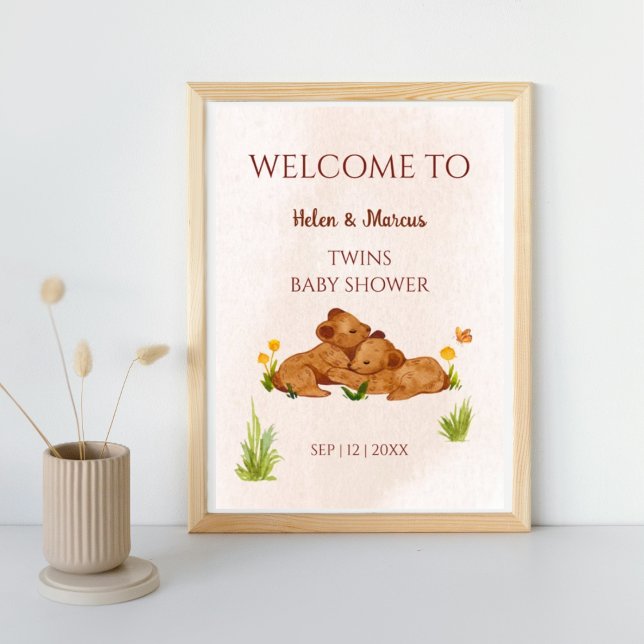Gender neutral twins baby shower bears welcome  poster (Creator Uploaded)