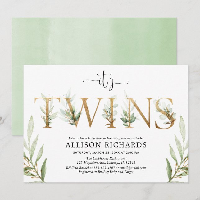 Gender neutral twins baby shower greenery invitation (Front/Back)