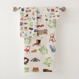 Gender Neutral Vintage Baby Nursery Toys Pattern Bath Towel Set