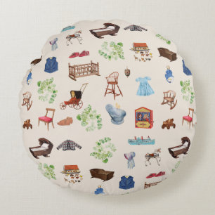 Gender Neutral Vintage Baby Nursery Toys Pattern Round Cushion