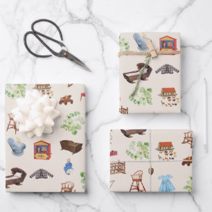 Gender Neutral Vintage Baby Nursery Toys Pattern Wrapping Paper Sheet