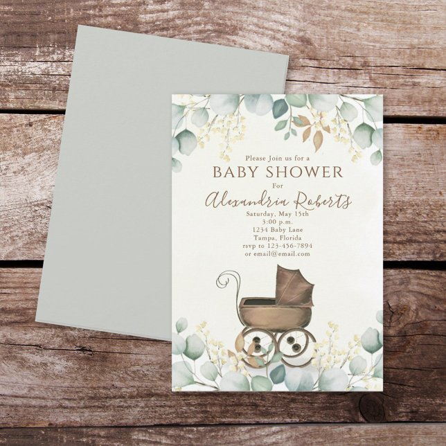 Gender Neutral Vintage Carriage Baby Shower Invitation (Baby shower invitation with vintage carriage invitations)