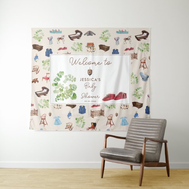 Gender Neutral Vintage Nursery Toys Baby Shower Tapestry (In Situ (Horizontal))