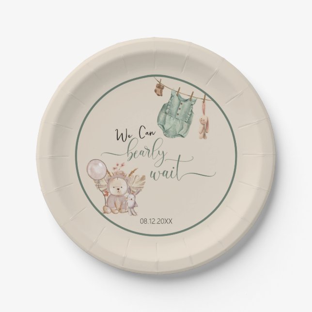 Gender Neutral We Can Bearly Wait Baby Shower Paper Plate (Front)