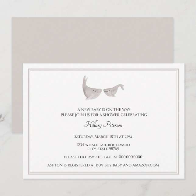 Gender Neutral Whale Watercolor baby Shower Invitation (Front/Back)