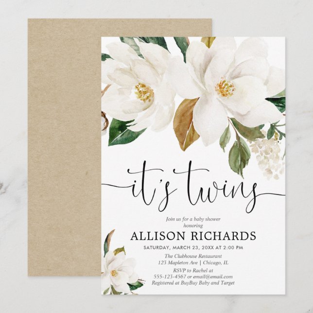 Gender neutral white floral Twins baby shower Invitation (Front/Back)